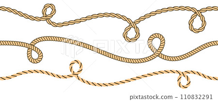 Wave rope curve set. Repeating hemp cord stripes collection. Wavy loop tie braid bundle. Seamless brown plait pattern. Vector marine twine design elements for banner, poster, frame, border Wave rope curve set. Repeating hemp cord stripes collection. Wavy loop tie braid bundle. Seamless brown plait pattern. Vector marine twine design elements for banner, poster, frame, border 110832291