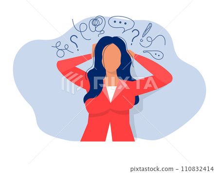 woman suffers from obsessive thoughts; headache; unresolved issues; psychological trauma; depression.Mental stress panic mind disorder illustration Flat vector illustration. woman suffers from obsessive thoughts; headache; unresolved issues; psychological trauma; depression.Mental stress panic mind disorder illustration Flat vector illustration. 110832414