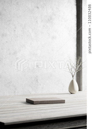 A background rich in shading that you can use in your designs. Textured walls and podium with sunlight shining through. 110832486