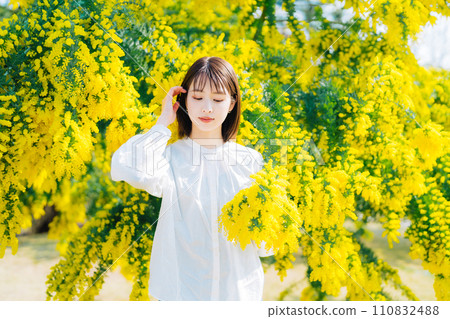 Young woman surrounded by mimosa flowers 110832488