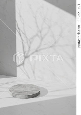 A background rich in shading that you can use in your designs. Textured walls and podium with sunlight shining through. 110832491
