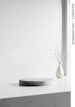 A background rich in shading that you can use in your designs. Textured walls and podium with sunlight shining through. 110832492