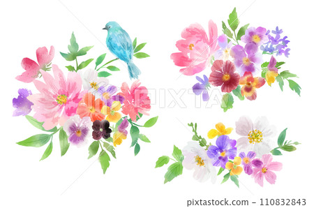Blue bird and pansies, vector illustration set for colorful flowering background 110832843