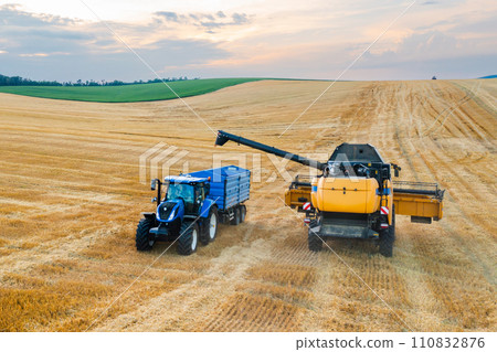 Combine reaper channels wheat grains into a waiting tractor trailer. Sun dips below the horizon Combine reaper channels wheat grains into a waiting tractor trailer. Sun dips below the horizon 110832876