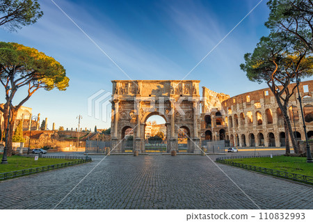 Rome, Italy at the Arch of Constantine and the Colosseum 110832993