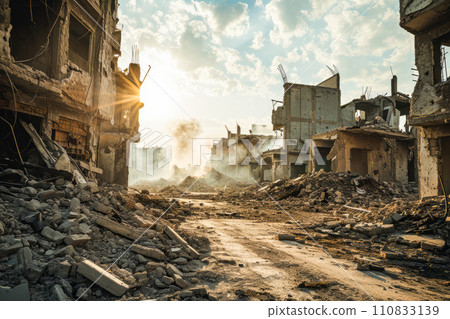 AI-generated content. Devastated Cityscape, Rubble-Filled Streets and Buildings Surround a Dirt Road AI-generated content. Devastated Cityscape, Rubble-Filled Streets and Buildings Surround a Dirt Road 110833139