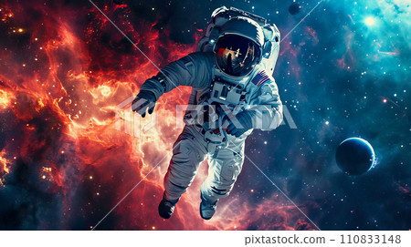 AI-generated content. Man in Astronaut Suit Floating in Space AI-generated content. Man in Astronaut Suit Floating in Space 110833148