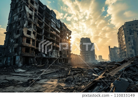 AI-generated content. Sun Setting on a Devastated Cityscape After Rocket Attack AI-generated content. Sun Setting on a Devastated Cityscape After Rocket Attack 110833149