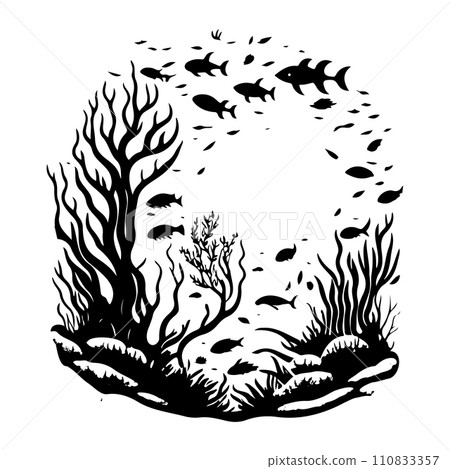 underwater world sunken vessel and seaweeds grow at rock illustration sketch hand draw underwater world sunken vessel and seaweeds grow at rock illustration sketch hand draw 110833357