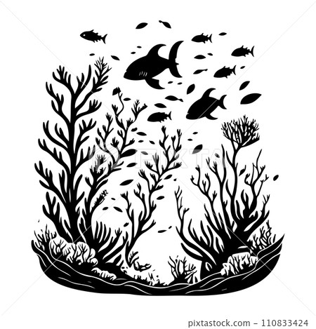 underwater world sunken vessel and seaweeds grow at rock illustration sketch hand draw  110833424