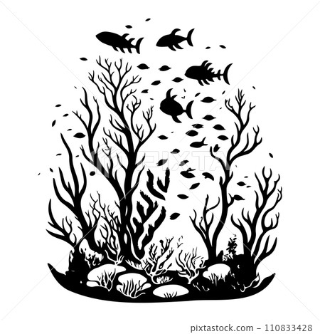underwater world sunken vessel and seaweeds grow at rock illustration sketch hand draw underwater world sunken vessel and seaweeds grow at rock illustration sketch hand draw 110833428