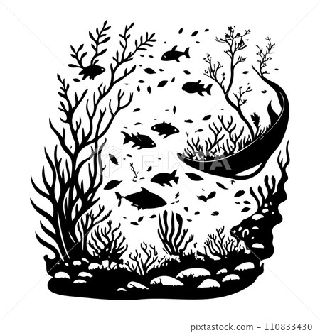 underwater world sunken vessel and seaweeds grow at rock illustration sketch hand draw  110833430