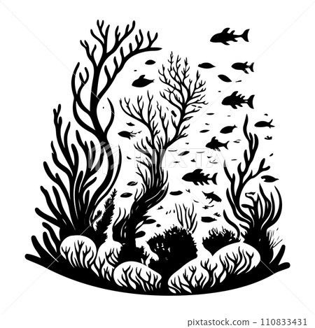 underwater world sunken vessel and seaweeds grow at rock illustration sketch hand draw  110833431