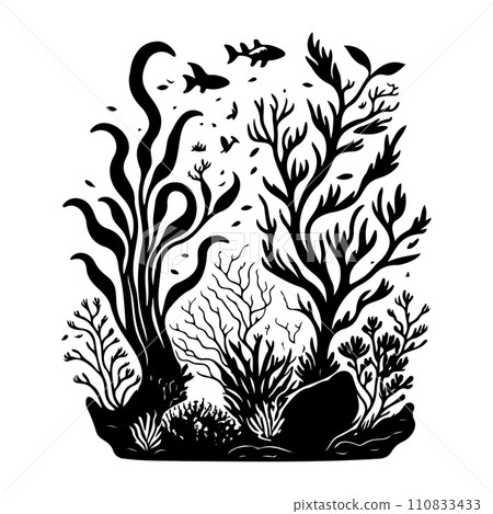 underwater world sunken vessel and seaweeds grow at rock illustration sketch hand draw underwater world sunken vessel and seaweeds grow at rock illustration sketch hand draw 110833433