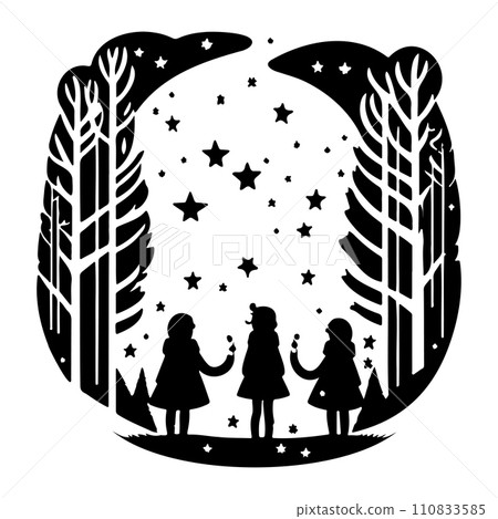 forest friend children watching shooting stars illustration sketch hand draw  110833585