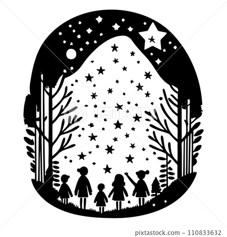 forest friend children watching shooting stars illustration sketch hand draw  110833632