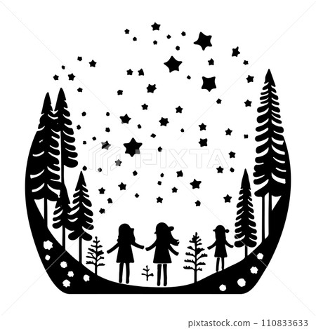 forest friend children watching shooting stars illustration sketch hand draw  110833633