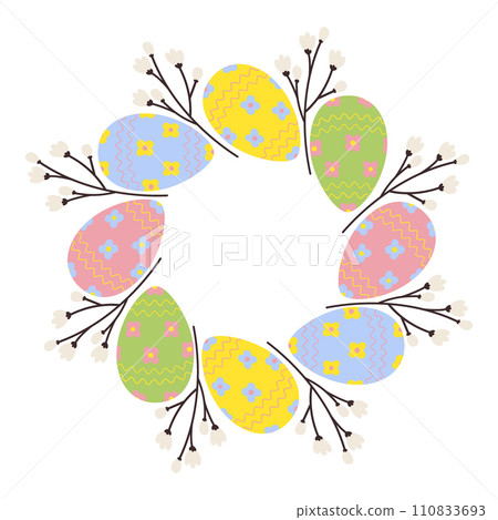 Circle frame of patterned Easter Eggs and blooming twigs. Copyspace. Easter greetings design concept 110833693