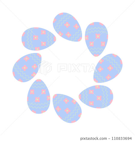 Abstract circle frame of Easter Eggs with floral pattern in trendy soft blue. Easter greetings idea 110833694