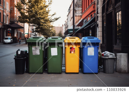 Full dumpsters separate waste, garbage containers standing on the street. Environmental, Ecology Full dumpsters separate waste, garbage containers standing on the street. Environmental, Ecology 110833926