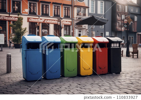 Full dumpsters separate waste, garbage containers standing on the street. Environmental, Ecology 110833927
