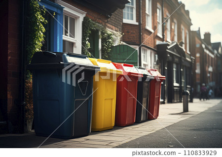 Full dumpsters separate waste, garbage containers standing on the street. Environmental, Ecology 110833929