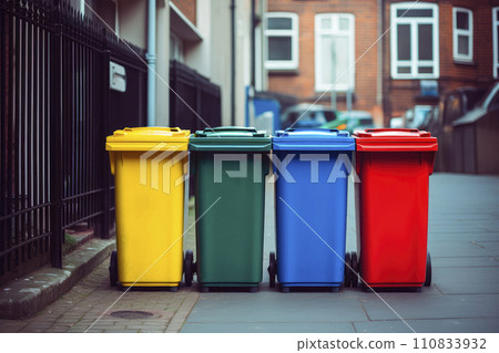 Full dumpsters separate waste, garbage containers standing on the street. Environmental, Ecology 110833932