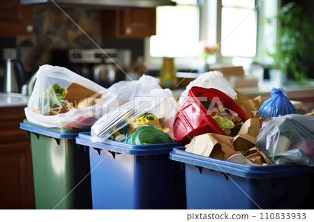 Full dumpsters separate waste, garbage containers standing on the street. Environmental, Ecology 110833933