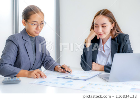 Business management group team meeting to plan strategies to increase business income in work office. Communication brainstorming graph analysis and discuss the new target success 110834138
