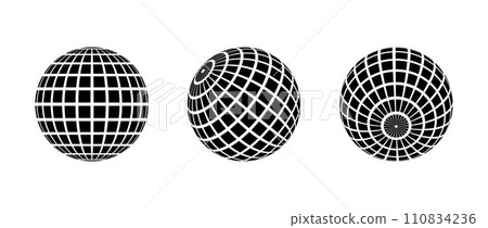 Black disco ball set. Collection of wireframe spheres in different angles. Grid globe or planet bundle. Outline mirrorball element pack for poster, banner, music cover, party. Vector illustration Black disco ball set. Collection of wireframe spheres in different angles. Grid globe or planet bundle. Outline mirrorball element pack for poster, banner, music cover, party. Vector illustration 110834236