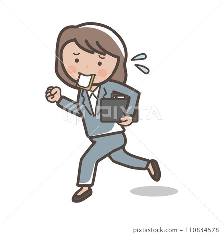 一位身穿西裝的女商人嘴裡銜著一塊麵包匆忙奔跑的插圖 110834578