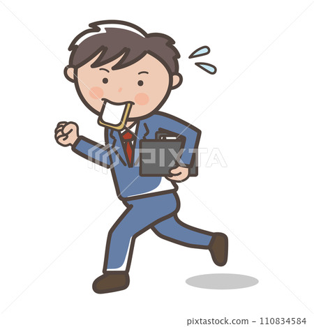 Illustration of a male businessman running in a hurry while holding a piece of bread in his mouth 110834584