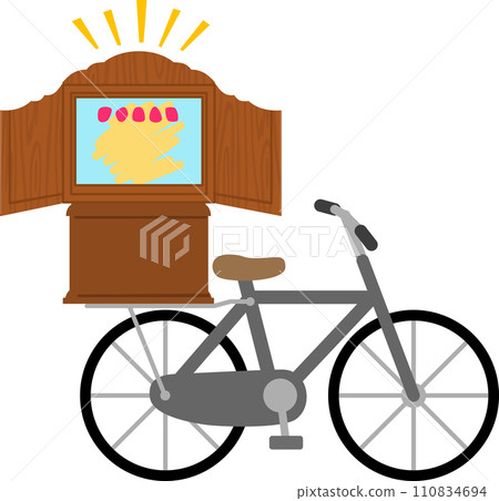 A picture-story show frame placed on the carrier of a bicycle A picture-story show frame placed on the carrier of a bicycle 110834694