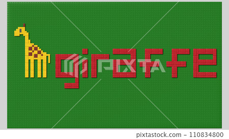 A pixelated picture of a giraffe and the word “giraffe” assembled with LEGO-style blocks 110834800