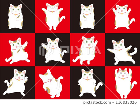 Lucky cat_calico cat_set_with red and black background Lucky cat_calico cat_set_with red and black background 110835020