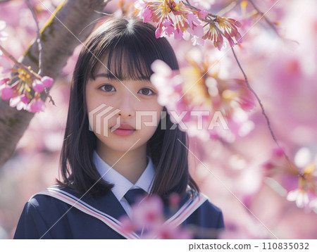 Cherry blossom trees and female students entrance and graduation image (AI generated image) 110835032