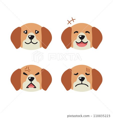 Set of cute character beagle dog faces showing different emotions Set of cute character beagle dog faces showing different emotions 110835223