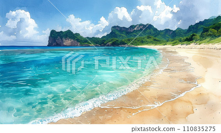 熱帶島嶼海灘和藍天的插圖 熱帶島嶼海灘和藍天的插圖 110835275
