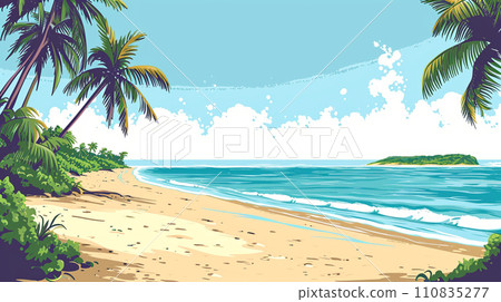 Illustration of a tropical island beach and blue sky 110835277
