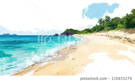 Illustration of a tropical island beach and blue sky Illustration of a tropical island beach and blue sky 110835279