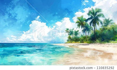 Illustration of a tropical island beach and blue sky 110835292