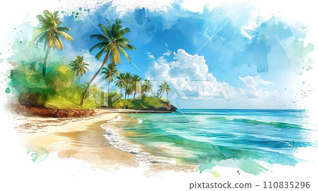 熱帶島嶼海灘和藍天的插圖 熱帶島嶼海灘和藍天的插圖 110835296