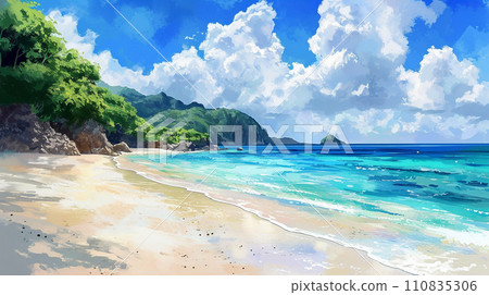 Illustration of a tropical island beach and blue sky 110835306