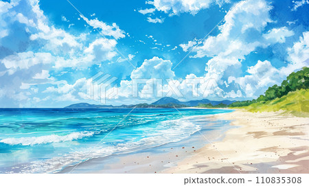 Illustration of a tropical island beach and blue sky 110835308