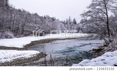 Kamikochi, snow-covered trees on the banks of the Azusa River Kamikochi, snow-covered trees on the banks of the Azusa River 110835330