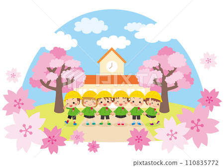 可愛的畢業生在幼兒園前牽手的插圖背景景觀白色背景設計剪貼畫圓頂形狀 可愛的畢業生在幼兒園前牽手的插圖背景景觀白色背景設計剪貼畫圓頂形狀 110835772