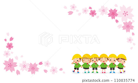 Illustration of cute graduates holding hands Frame template Copy space Cherry blossoms White background Horizontal 110835774