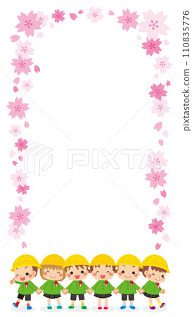 Illustration of cute graduates holding hands Frame template Copy space Cherry blossoms White background Vertical Illustration of cute graduates holding hands Frame template Copy space Cherry blossoms White background Vertical 110835776