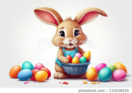 Cartoon cute Easter bunny on white background with a basket of eggs and spring flowers is an illustration of a children's character, a traditional holiday card. AI generated 110836016