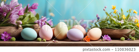 Multicolored Easter eggs on the table with spring flowers - Easter banner with a space for text. AI generated 110836023